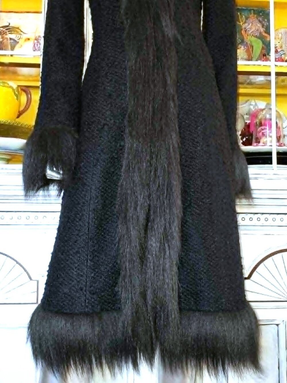 Vintage Betsey Johnson New York 90s Black Faux Fur Long Midi Duster Coat Jacket - Picture 3 of 16